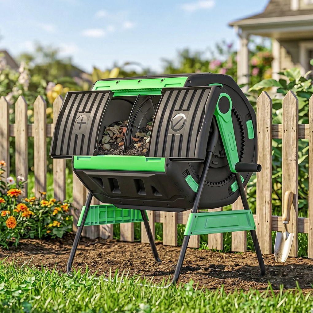 Compostor de Grădină Rotativ Outsunny 200L cu Cameră Dublă, Rotație 360°, Guri de Aerisire, Mănuși, din PP Fără BPA, pentru Compostare Deșeuri Organice din Bucătărie, Grădină și Curte | Aosom Romania
