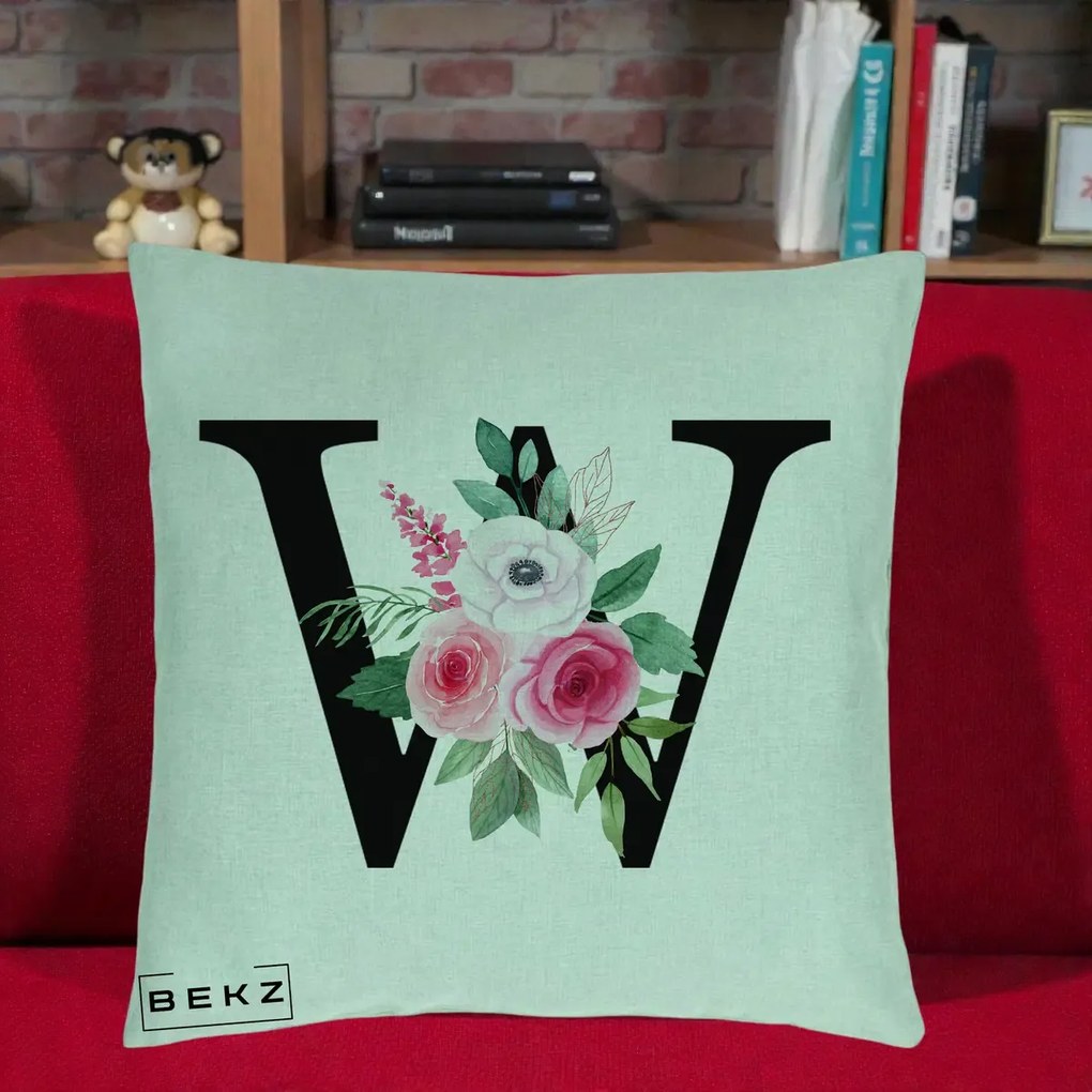 Cadou Personalizat - Perna Personalizata Monograma Florala Litera W cu Trandafiri si Anemona, 40x40 cm, Verde Menta, Husa Detasabila, Perna Inclusa, BEKZ®