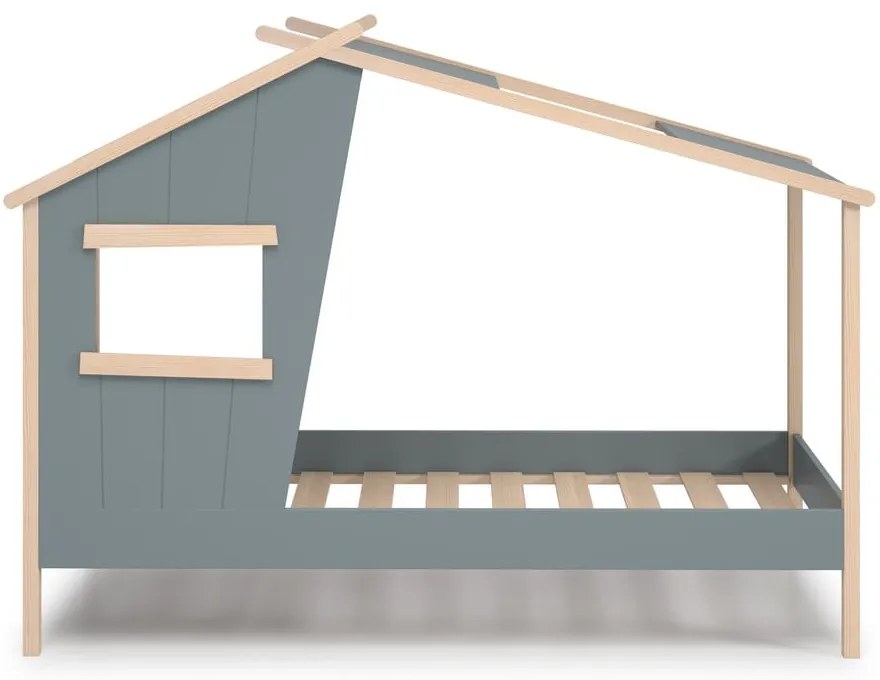 Pat pentru copii verde prăfuit de tip casă din lemn de pin cu somieră 90x190 cm Luba – Marckeric