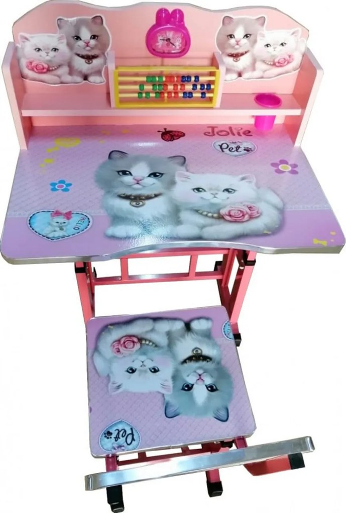 Birou copii din MDF cu jucarii interactive Novokids™ My first desk, Dimensiuni 68X43X65, Cadru metalic, masuta copii, Model Pisicute, Roz