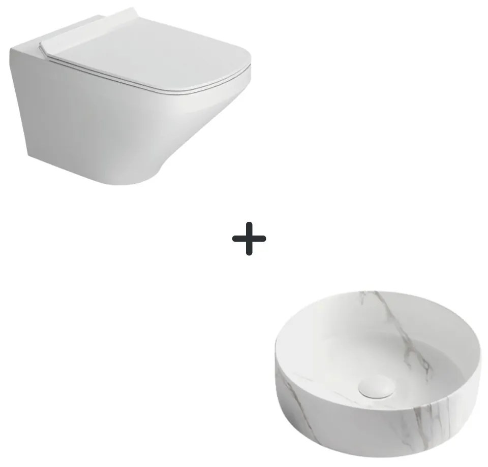 Set vas wc rimless cu capac soft close Bristol plus lavoar baie rotund cu efect marmura