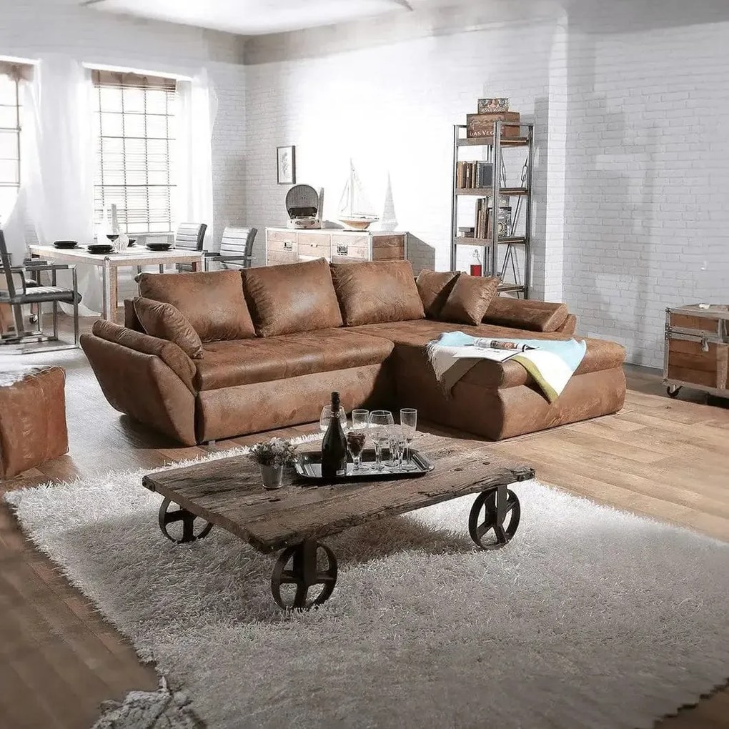 Colțar extensibil dumonde cu ladă de depozitare si sezut confortabil din spuma high-density, Loana Madagaskar Brown 270x185 cm
