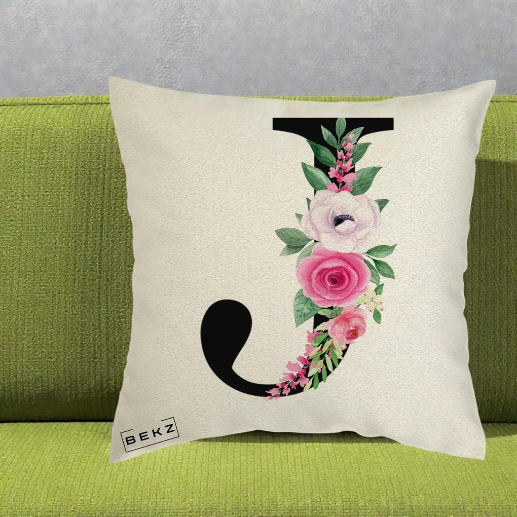 Cadou Personalizat - Perna Personalizata Monograma Florala Litera J, 40x40 cm, Ecru, Husa Detasabila, Perna Inclusa, BEKZ®