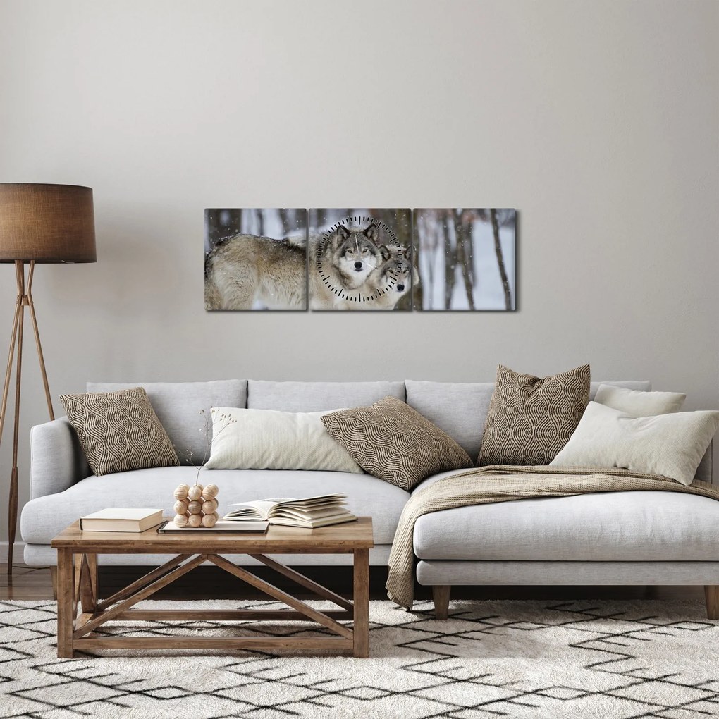 Tablou - Lupii în timpul iernii (cu ceas) (90x30 cm)