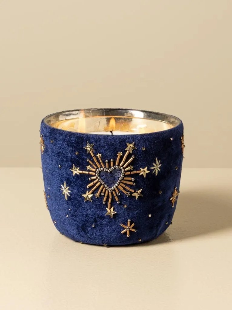 Set 2 lumânări decorative din sticlă și catifea albastră, brodate cu inimi și stele aurii, finisaj catifelat, 12 x 13 cm, „Nuit”