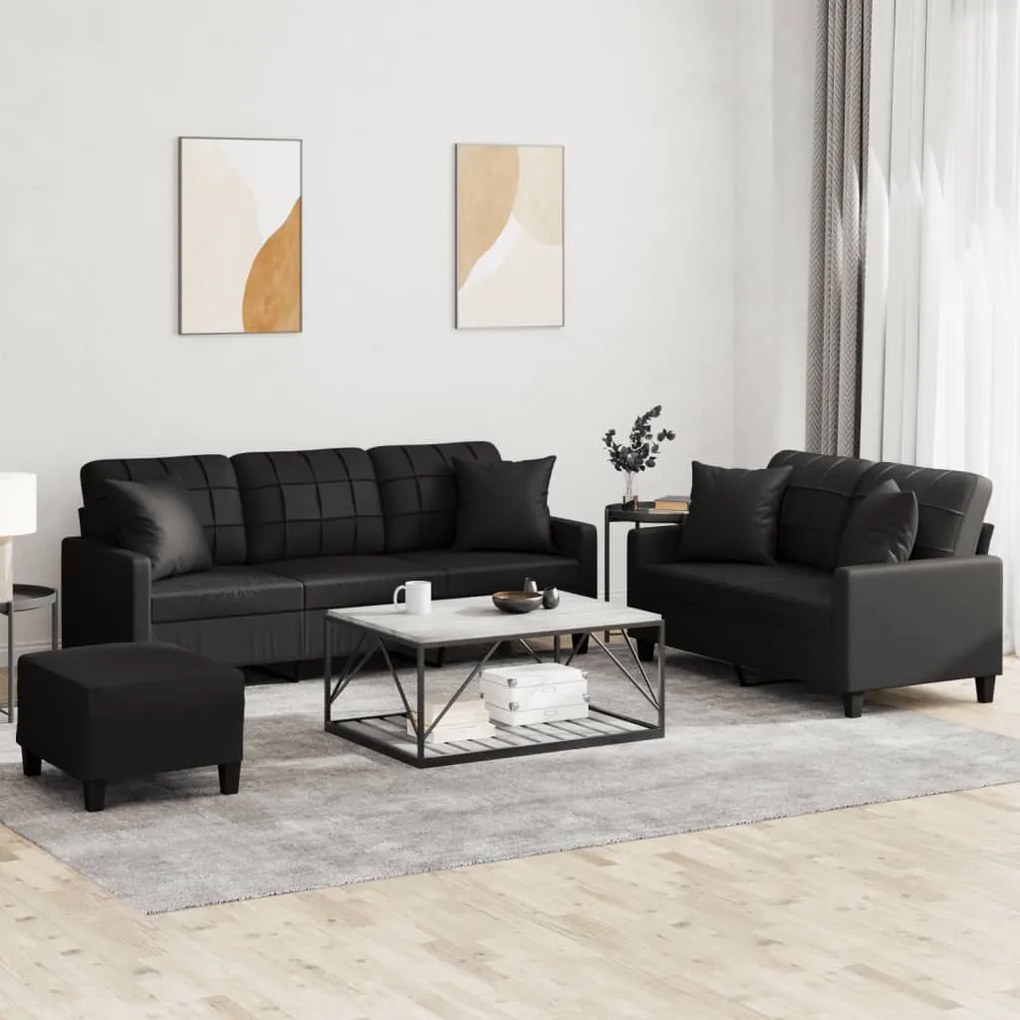 3201393 vidaXL Set de canapele cu perne, 3 piese, negru, piele ecologică