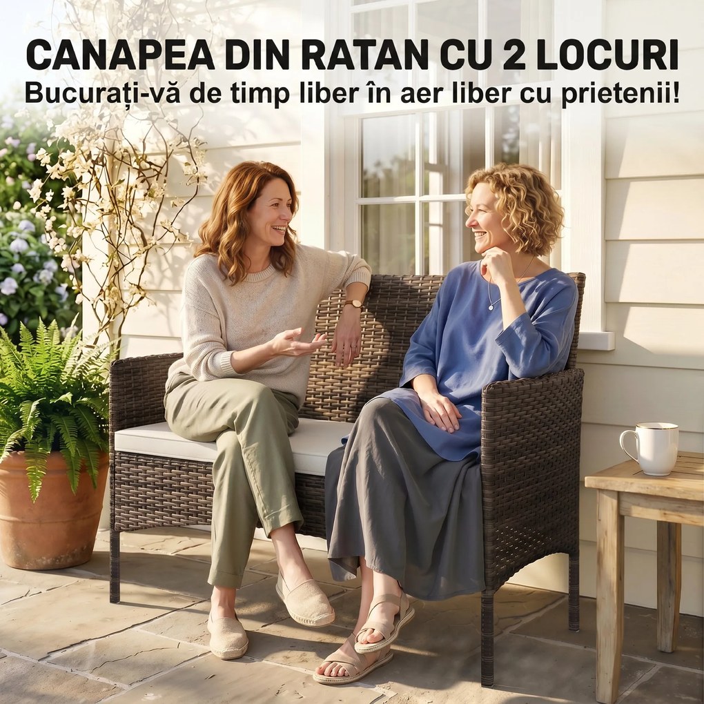 Outsunny Canapea de Grădină 2 Locuri cu Perne și Tampoane Antiderapante, din Ratan și Oțel, 115x63x85 cm, Bej | Aosom Romania