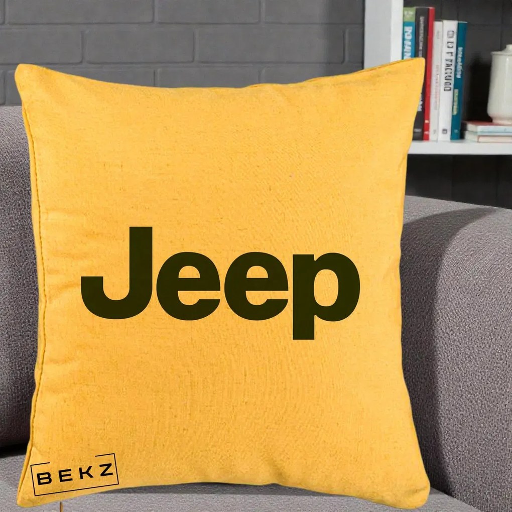 Perna Personalizata cu emblema Jeep, 40x40 cm, Galben, Husa Detasabila, Perna Inclusa, BEKZ®