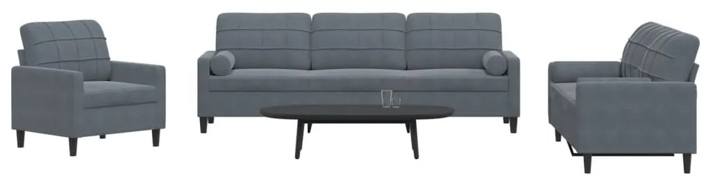 vidaXL Set de canapele cu perne/rulouri, 3 piese, gri închis, catifea