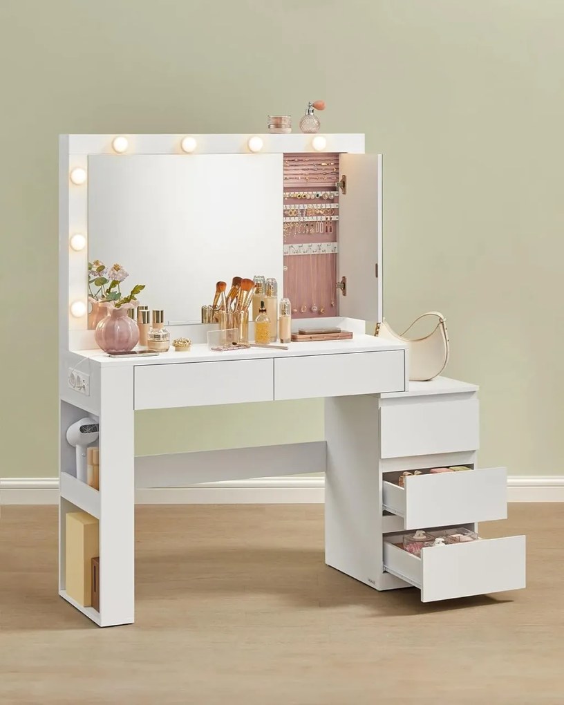Masuta machiaj cu Oglinda LED si 5 Sertare pentru Cosmetice, Set Masa toaleta 125 cm, Alb, masuta cosmetica, vanity - SEA803