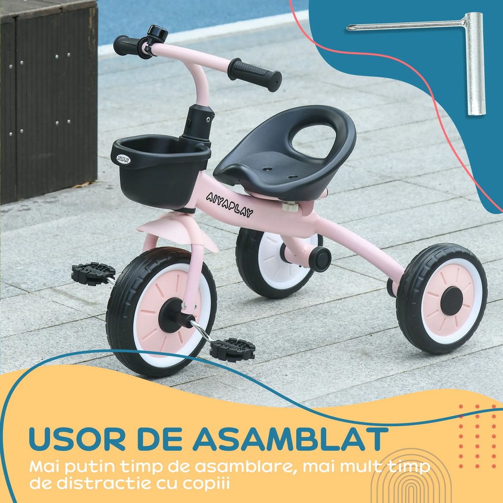 AIYAPLAY Tricicleta pentru Copii 2-5 Ani cu Scaun Reglabil, Bicicletă pentru Copii cu Coș, 70,5x53x58 cm, Roz | Aosom Romania