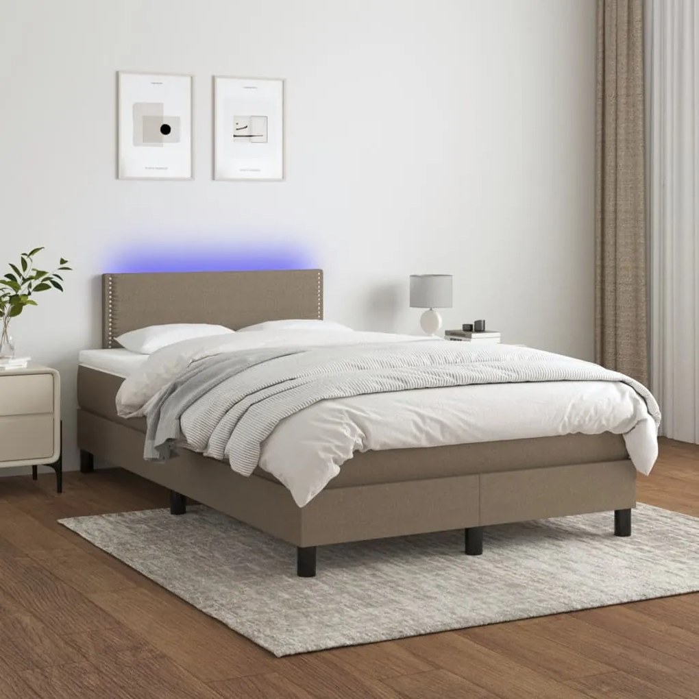 vidaXL Pat cu arcuri, saltea și LED, gri taupe, 120x200 cm, textil