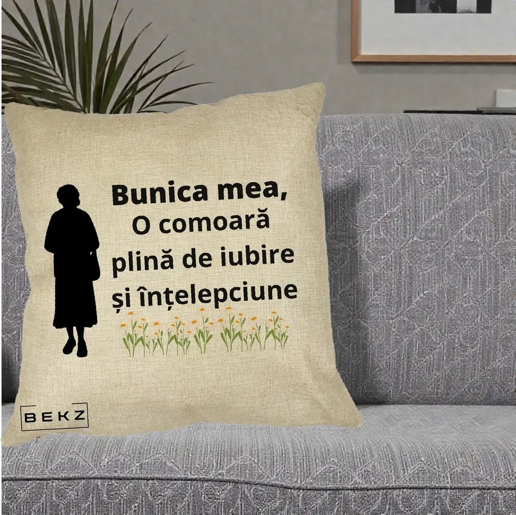 Cadou pentru Bunica - Perna Personalizata Bunica Mea Comoara Iubire Intelepciune Silueta cu Nepoata, 40x40 cm, Crem, Husa Detasabila, Perna Inclusa, BEKZ®
