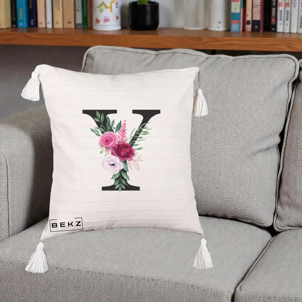 Cadou Personalizat - Perna Personalizata Monograma Florala Litera Y cu Buchet, 40x40 cm, Bej cu Franjuri, Husa Detasabila, Perna Inclusa, BEKZ®