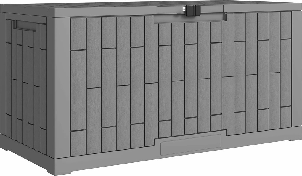 Outsunny Cutie de grădină 379 L Impermeabilă Încuiabilă Rezistentă la UV Cutie pentru perne cu aspect de lemn pentru grădină 122,5x56x62cm Gri | Aosom Romania