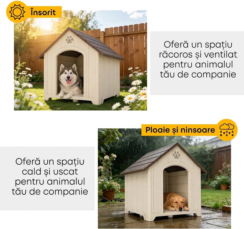 PawHut Căsuță pentru Câini de Exterior, Talie Mare și XL, Adăpost din Plastic Impermeabil cu Bază Ridicată, Ferestre și Acoperiș Înclinat pentru Grădină, Terasă, Curte, 102x94x103 cm, Bej | Aosom Romania