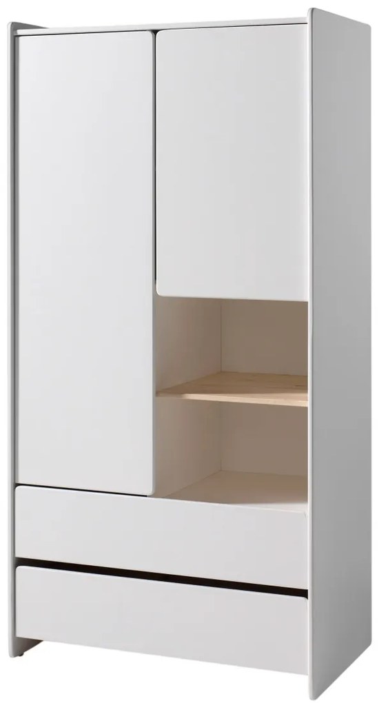Set KIDDY este compusă dintr-un Pat copii pentru copii (60x120), comodă cu 3 sertare cu schimbător, Dulap camera copii cu 2 uși și bibliotecă.