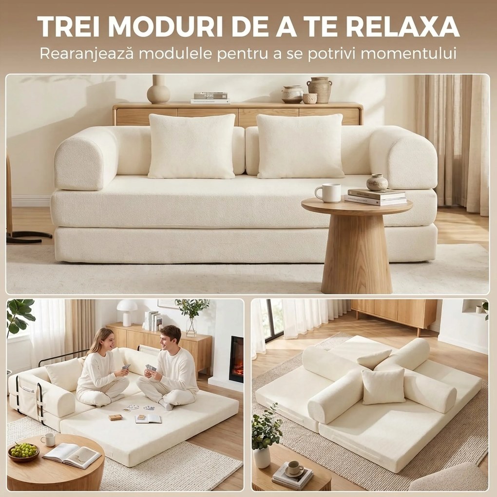 HOMCOM Canapea extensibilă 3 locuri 5 în 1, pliabilă, cu 2 perne din chenille, umplutură groasă, fără montaj, alb | Aosom Romania