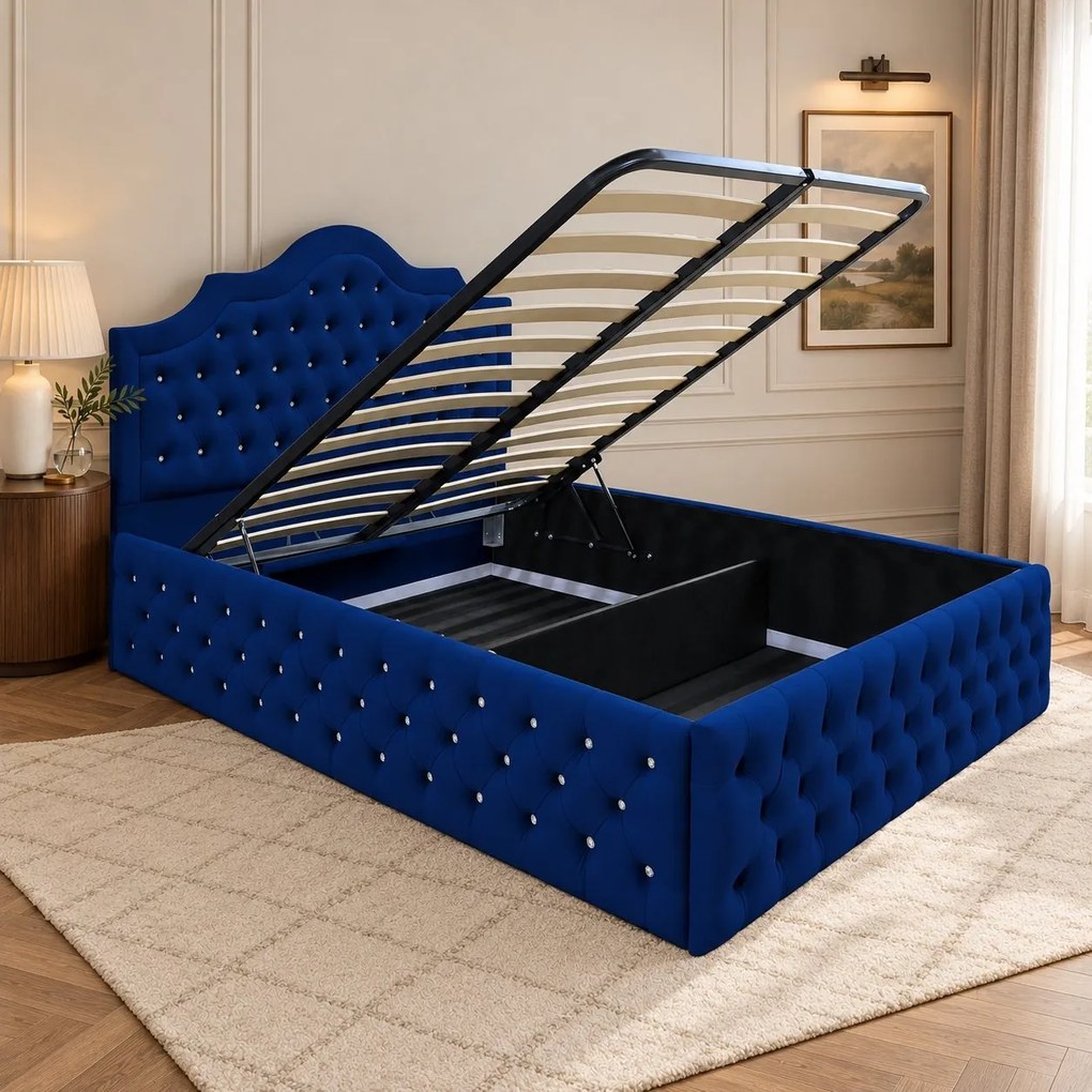 Pat tapițat Chesterfield din catifea Imperio Deluxe 160×200 cm, bleumarin, cu ladă de depozitare