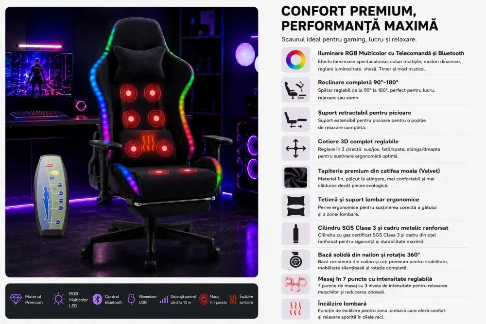 RESIGILAT- Scaun Gaming cu Masaj 7 Puncte și Încălzire, RGB, Iluminare LED Multicolor, Telecomenzi, Cotiere 3D, Reclinare 180°, Suport Picioare, Catifea, Negru