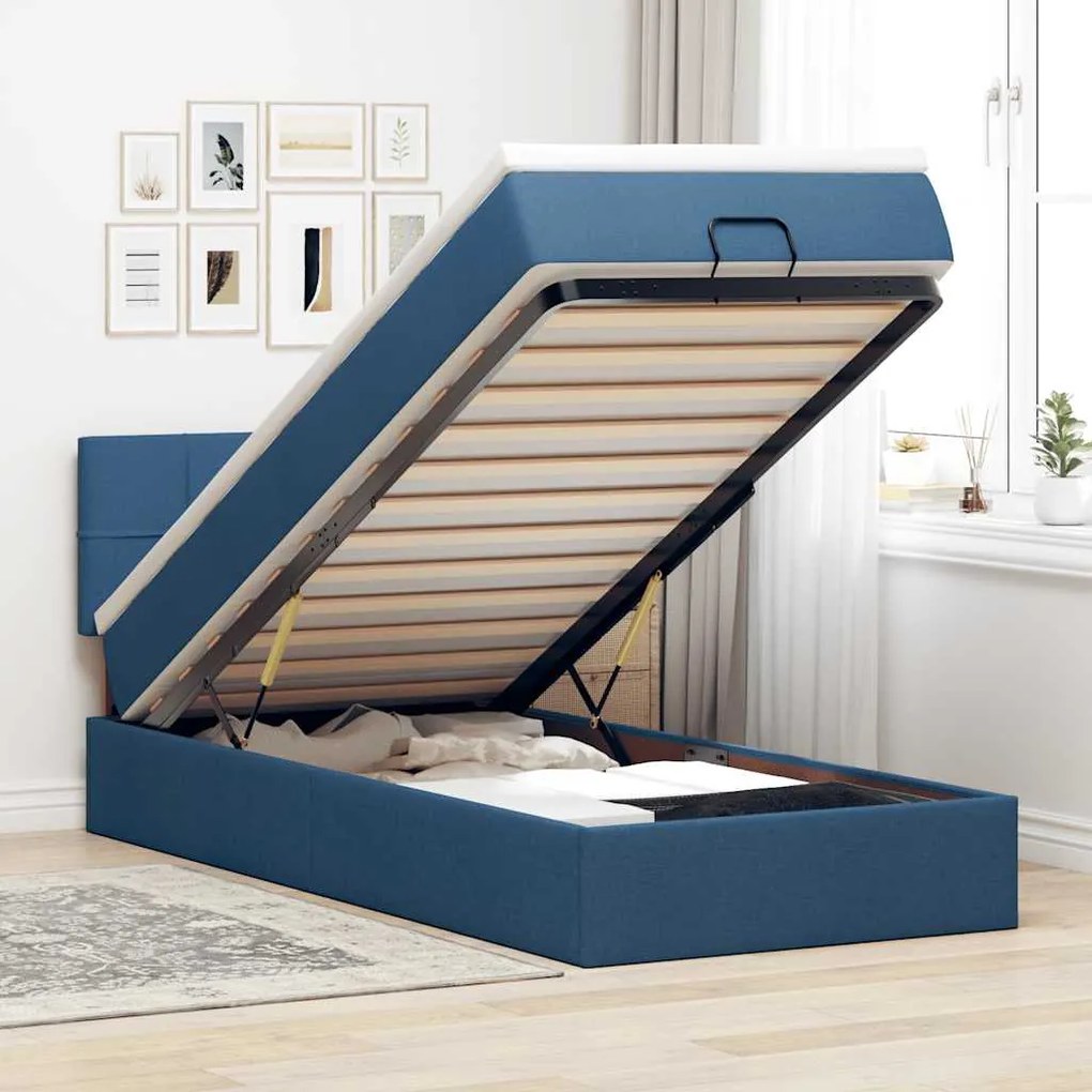 vidaXL Pat otoman cu saltea albastru 100x200 cm stofa