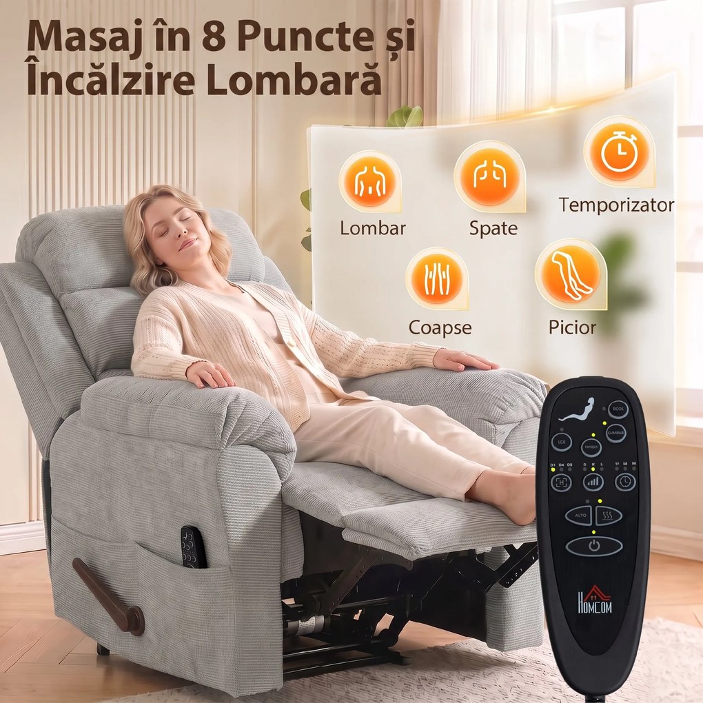 HOMCOM Fotoliu Reclinabil cu Masaj Manual 135°, Încălzire și 8 Puncte de Masaj, Chenille, 87x95x109 cm, Gri Deschis | Aosom Romania