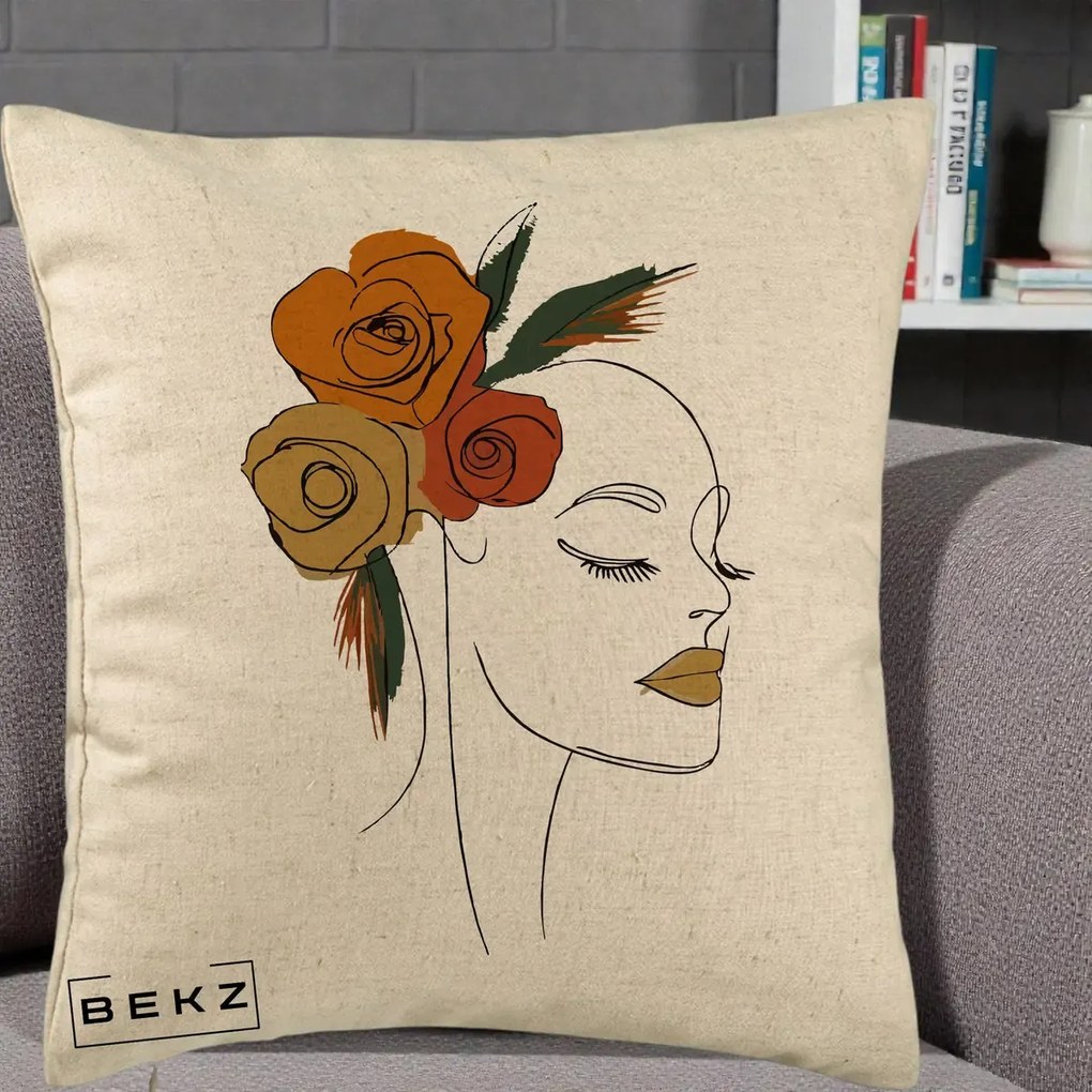Perna Decorativa Portret Feminin Trandafiri Ruginii, 40x40 cm, Bej, Husa Detasabila, Perna Inclusa, BEKZ®
