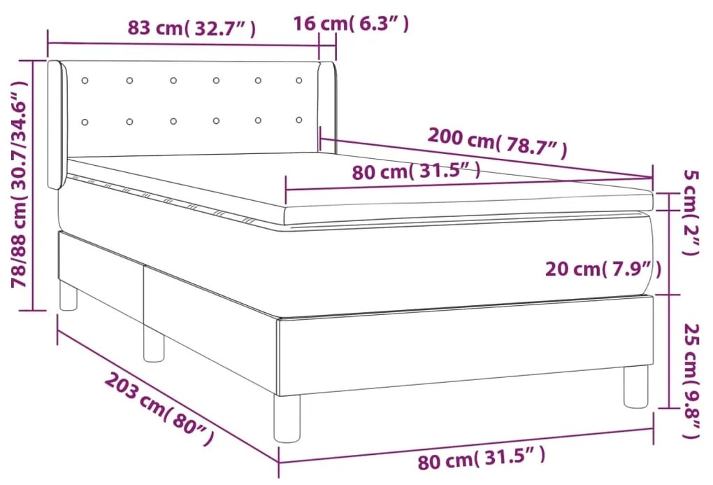 Pat box spring cu saltea, crem, 80x200 cm, textil Crem, 80 x 200 cm, Nasturi de tapiterie