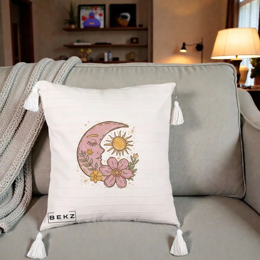 Perna Personalizata Luna si Soare Floral Boho, 40x40 cm, Bej cu Franjuri, Husa Detasabila, Perna Inclusa, BEKZ®