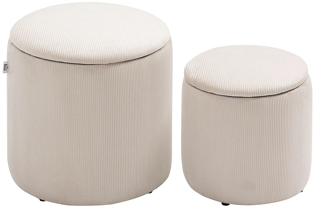 HOMCOM Set de 2 Pouf-uri pentru Depozitare Salvaspazio Rotunde și Îmbunătățite din Catifea cu Nervuri, Alb | Aosom Romania