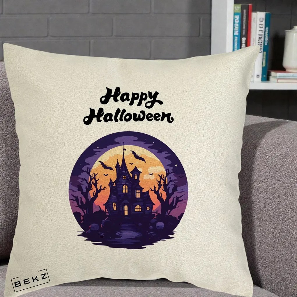Perna Decorativa Happy Halloween Casa Bantuita Violet, 40x40 cm, Ecru, Husa Detasabila, Perna Inclusa, BEKZ®