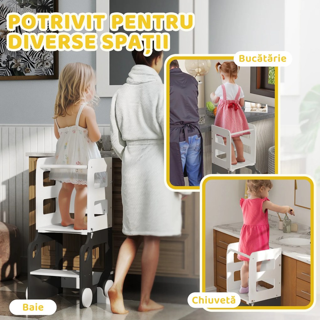 AIYAPLAY Scara Montessori 4 în 1 pentru Copii cu 2 Table și Set Masă și Scaun, din Lemn, 58x46x92 cm, Alb | Aosom Romania