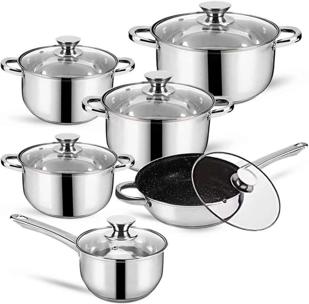 Set oale inox  si tigaie marmorata, cu capace, 12 piese Royalty Line RL 1231B