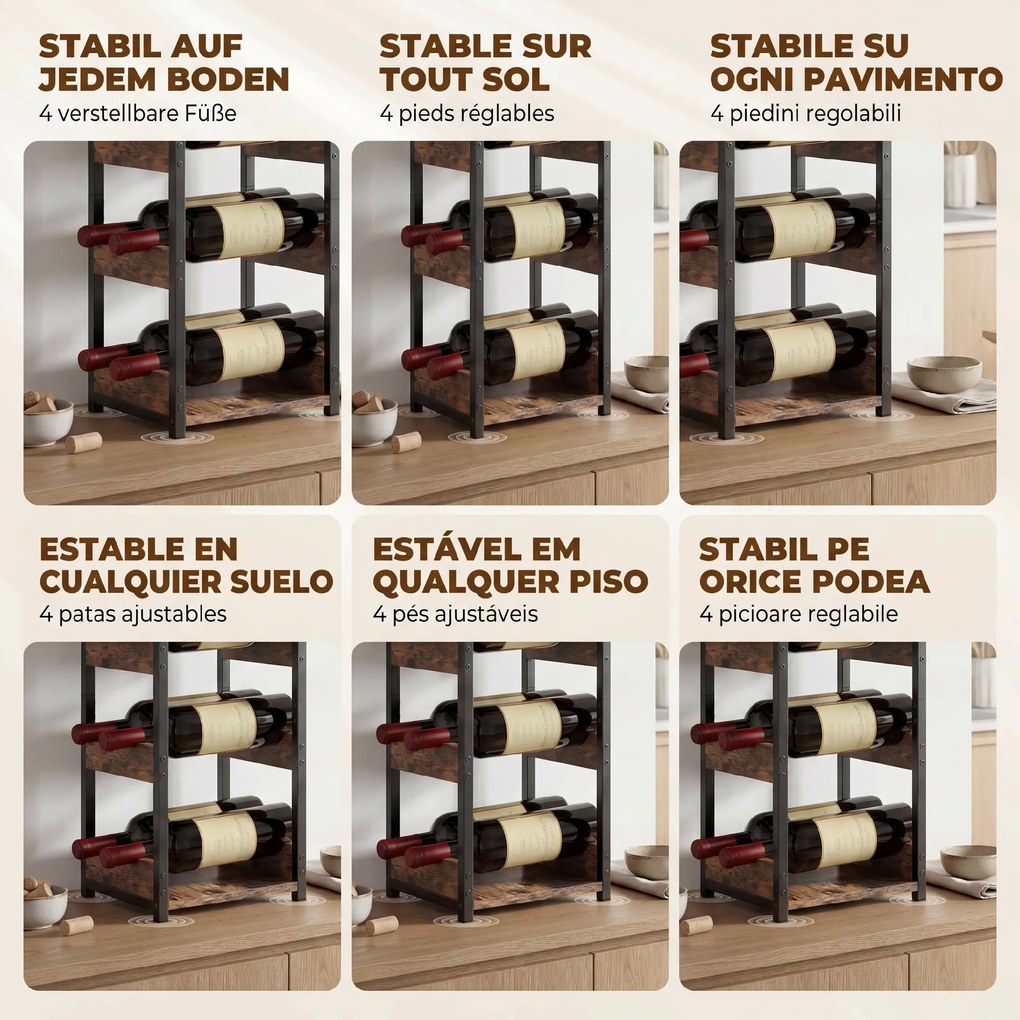 HOMCOM Suport Vin, Rafturi Ondulate, Picioare Reglabile, Maro Rustic, Negru | Aosom Romania