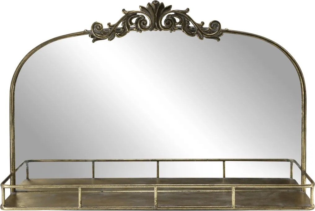 Oglindă cu raft și ornament decorativ, finisaj alamă antichizată, H56 x L85 x A16 cm
