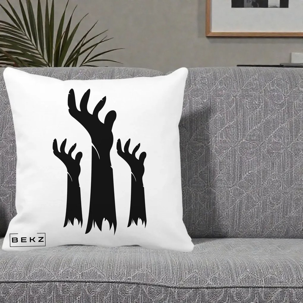 Perna Decorativa Halloween Maini Zombie Alb-Negru, 40x40 cm, Alba Mata, Husa Detasabila, Perna Inclusa, BEKZ®