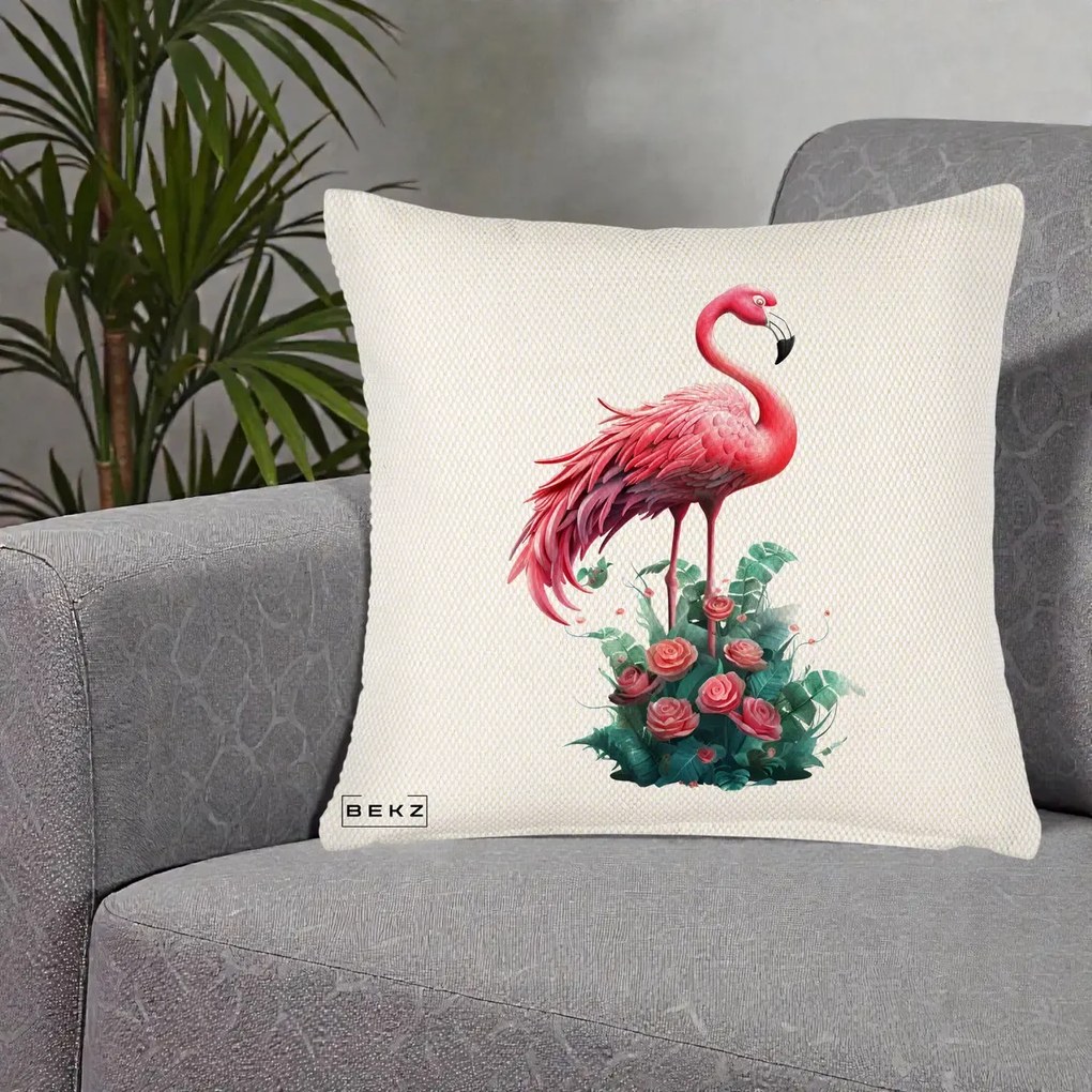 Perna Decorativa Flamingo cu Trandafiri Tropicali, 40x40 cm, Crem Reliefat, Husa Detasabila, Perna Inclusa, BEKZ®