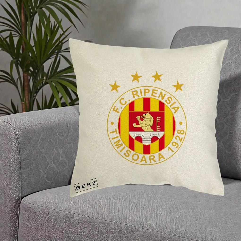 Perna Personalizata FC Ripensia Timisoara 1928, 40x40 cm, Ecru, Husa Detasabila, Perna Inclusa, BEKZ®