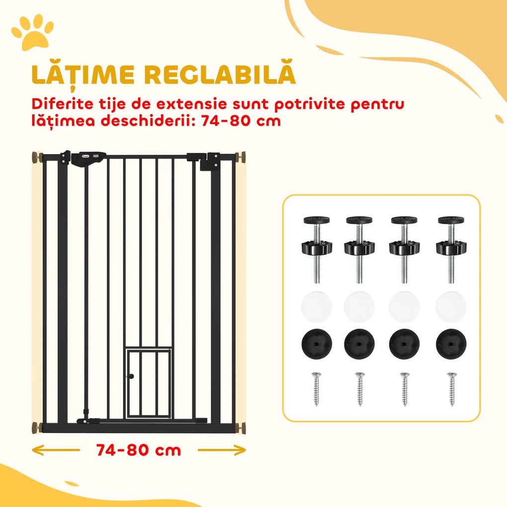 PawHut Poartă Reglabilă pentru Câini cu Ușă Mică și Montare prin Presiune, 74-80x104.1 cm, Negru | Aosom Romania