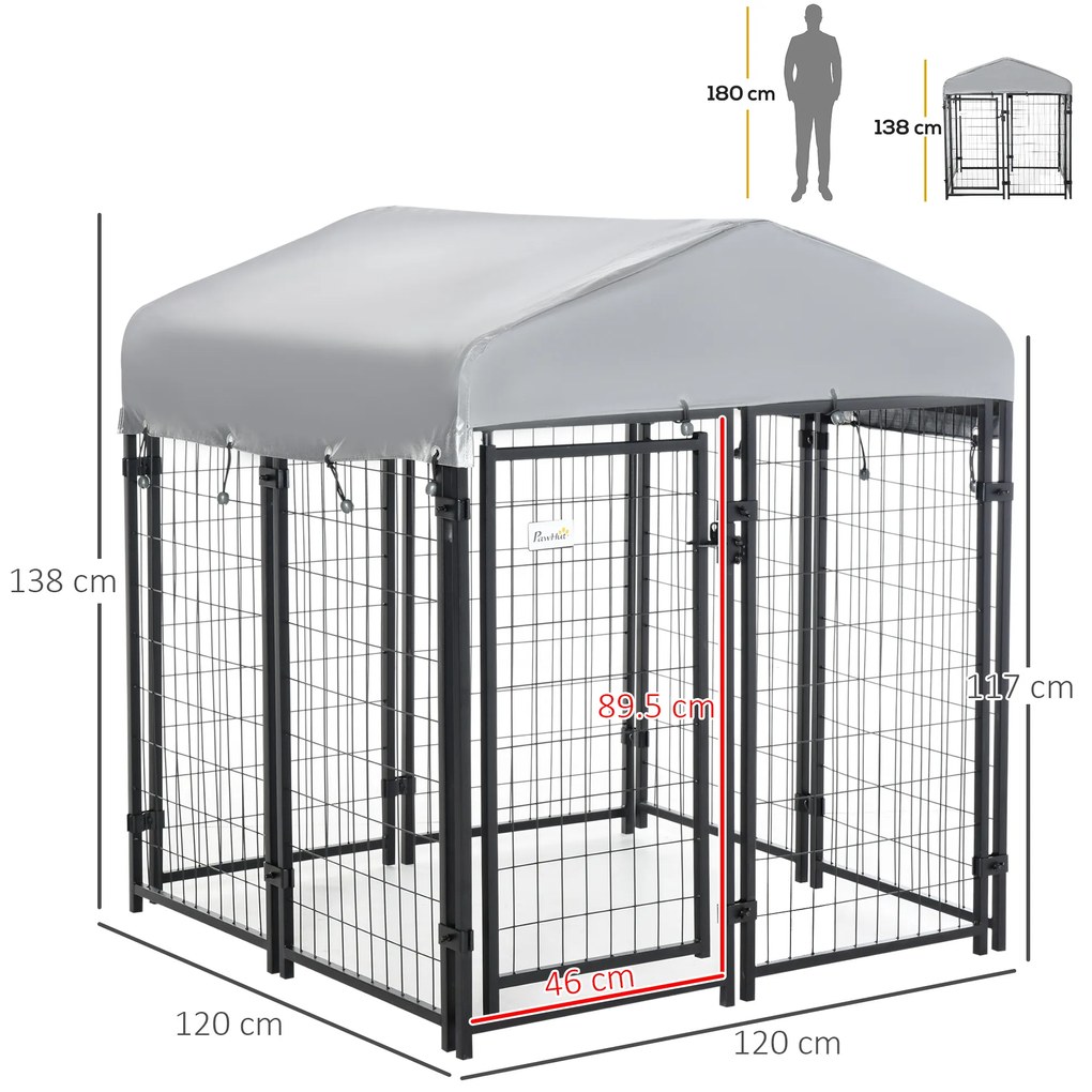 PawHut Chenar exterior cu acoperiș încuietoare pentru câine cadru din metal 120 x 120 x 138cm negru | Aosom Romania