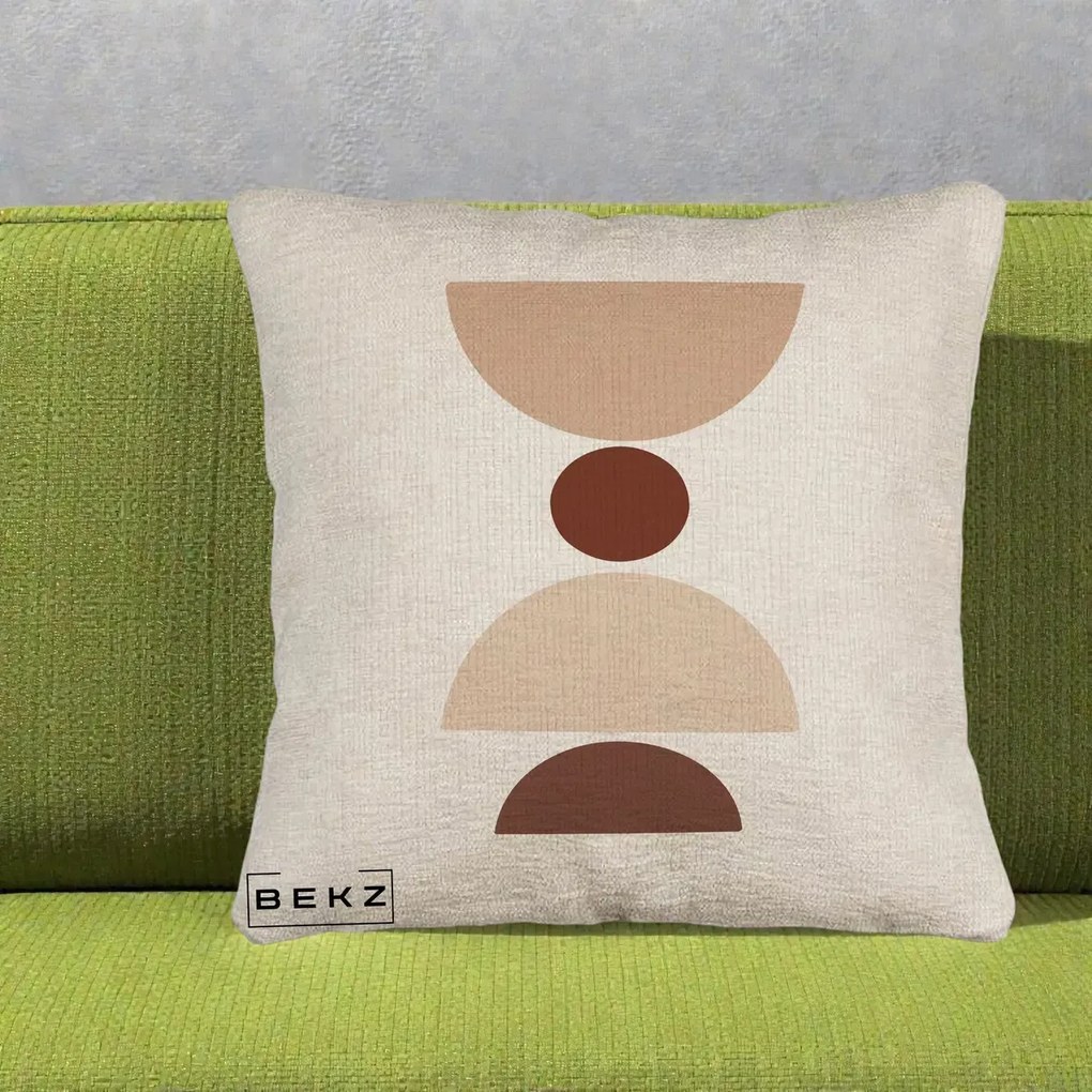 Perna Decorativa Geometric Boho Cerc si Boluri, 40x40 cm, Bej Canapea, Husa Detasabila, Perna Inclusa, BEKZ®