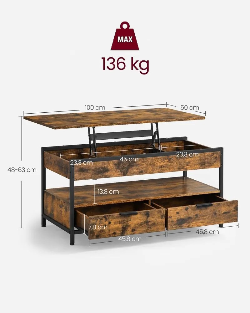 Masă de cafea reglabilă pe înălțime GASPAR, 50x100x(48-63)cm, maro/negru Vasagle