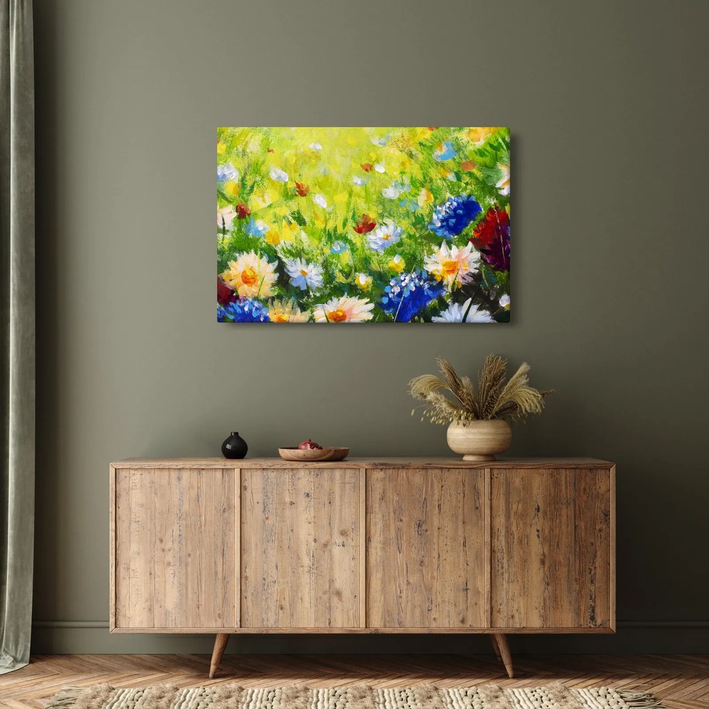 Tablou - Pictură în ulei, pajiște înflorită (90x60 cm)