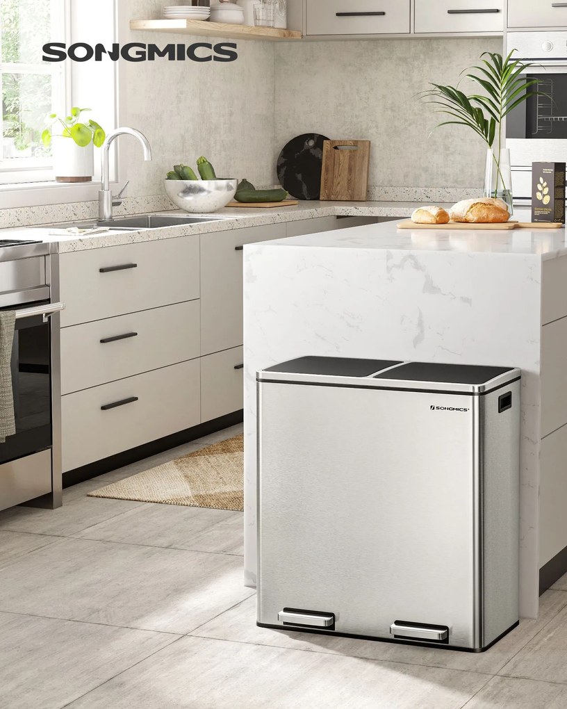 Coș pentru sortarea deșeurilor SORT, 2x30 l + saci de gunoi, argintiu/negru Vasagle