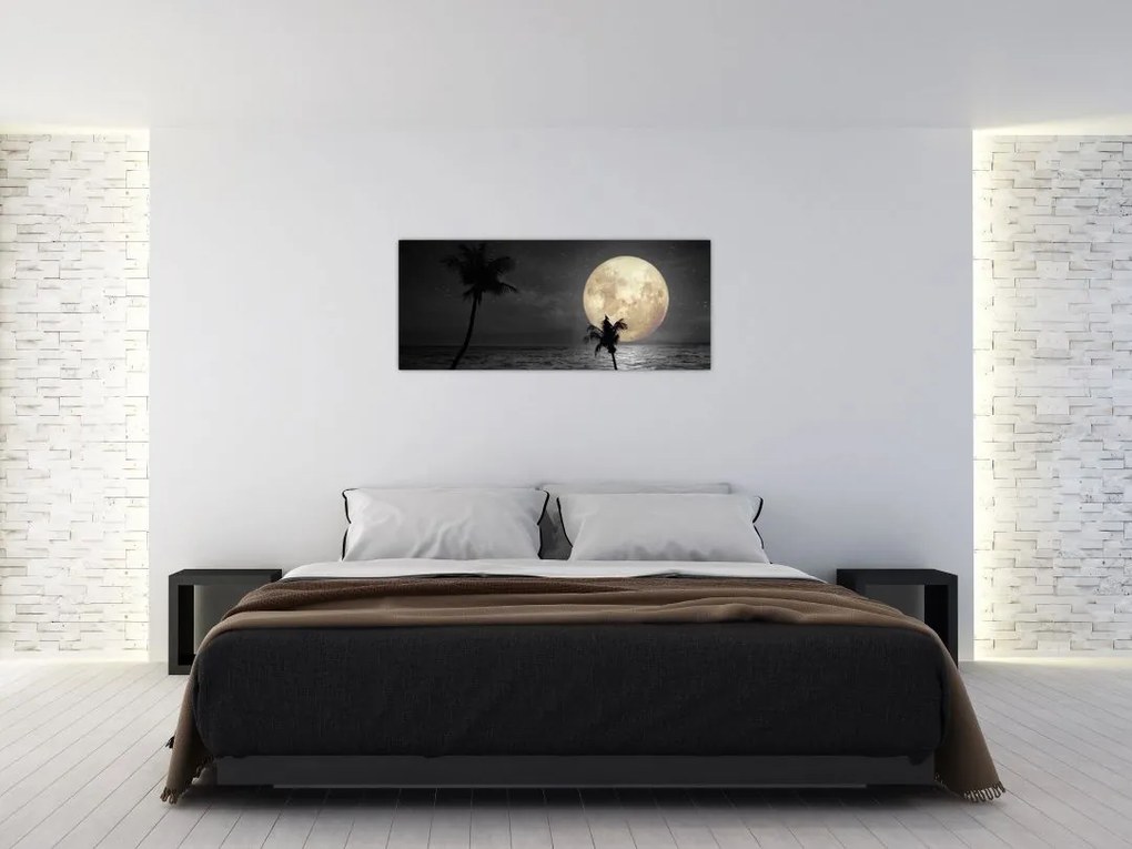 Tablou - Plaja cu lună plină, nuanțe gri (120x50 cm)