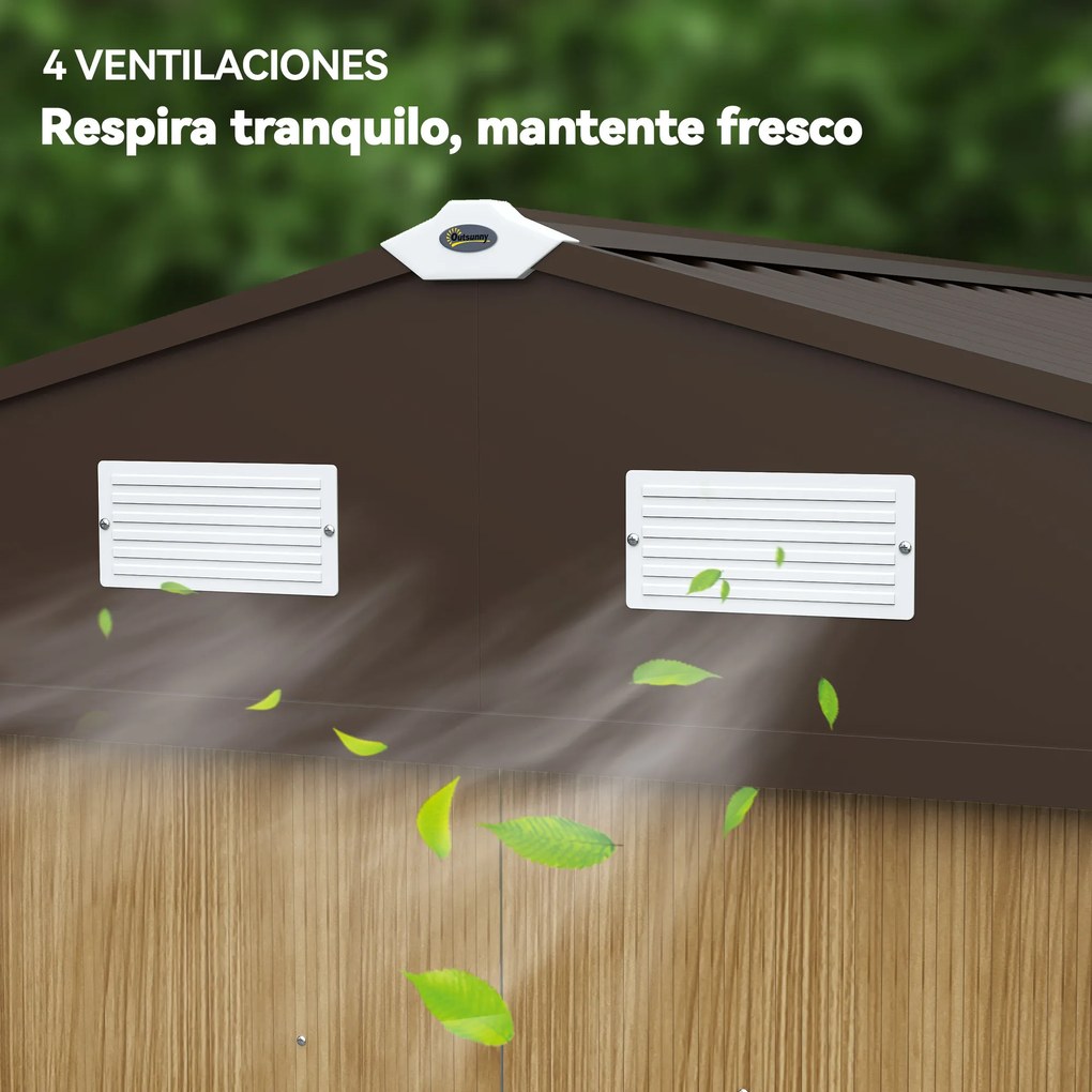 Outsunny Magazie de grădină exterioară 4,9 m² 277x195x192 cm cu ușă culisantă, ventilație și kit de fundație, maro | Aosom Romania