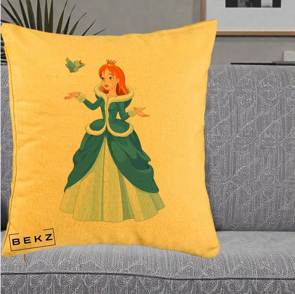 Perna Personalizata Printesa Albastra cu Pasare, 40x40 cm, Galben, Husa Detasabila, Perna Inclusa, BEKZ®