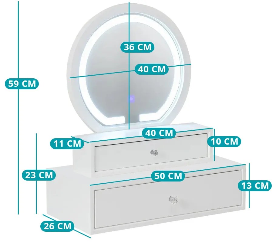 Oglindă de machiaj de masă cu 2 sertare