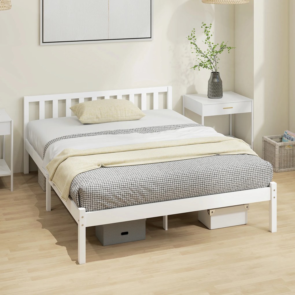 HOMCOM Cadru de pat din lemn masiv 140x190 cm pat simplu cu tăblie și somieră cu lamele solidă pentru copii și adulți | Aosom Romania