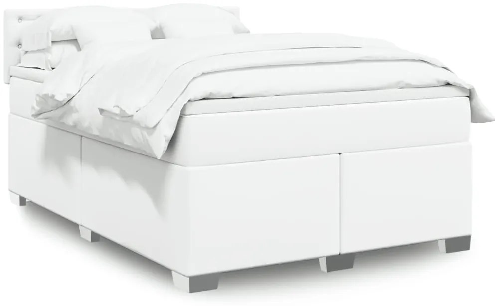 vidaXL Pat box spring cu saltea, alb, 140x200 cm, piele ecologică